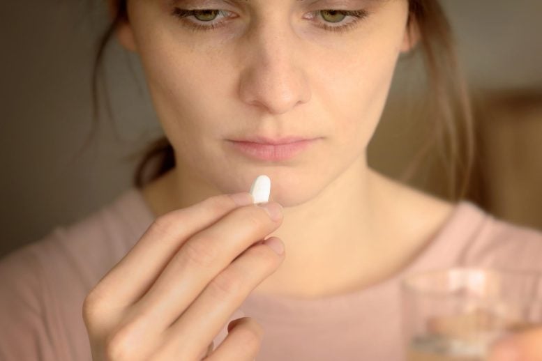 Stressed Tired Woman Taking Vitamin Painkiller Antidepressant Pill