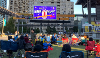 Wide-view shot of movie nights at celebration square.