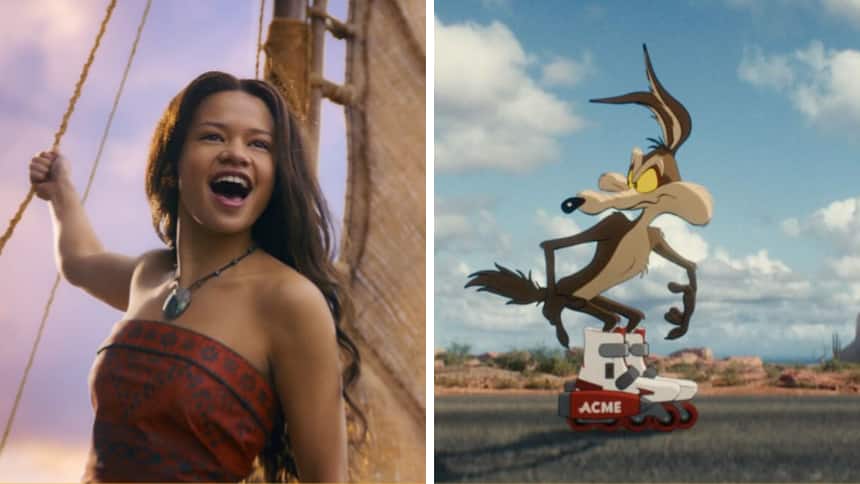 Left: Live action Moana. Right: Wile E. Coyote wearing Acme roller skates.