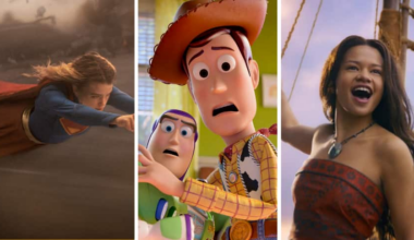 Left to right: Supergirl flying, Buzz Lightyear and Woody from “Toy Story 5,” Moana singing.