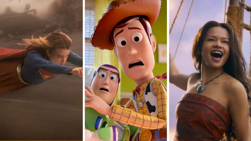 Left to right: Supergirl flying, Buzz Lightyear and Woody from “Toy Story 5,” Moana singing.