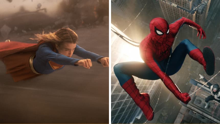 Left: Supergirl flying. Right: Spiderman swinging on a web.
