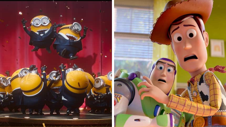 The Minions in suits throwing a minion in the air. Right: Woody and Buzz Lightyear looking scared.