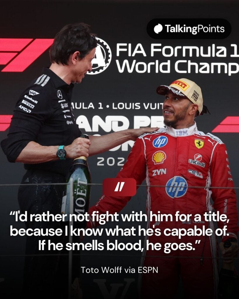 Toto Wolff and Lewis Hamilton celebrating on the podium at the 2026 Monaco Grand Prix.
