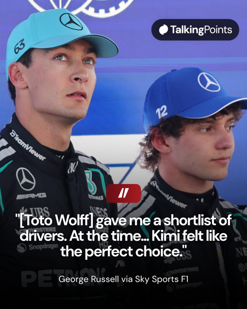 Kimi Antonelli and George Russell of Mercedes after qualifying for the 2026 Barcelona-Catalunya Grand Prix