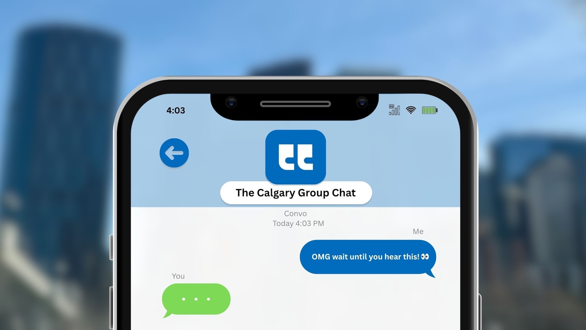 Calgary group chat with downtown Calgary background