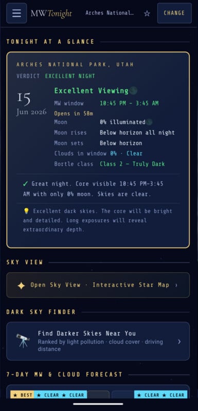 A mobile app screen shows a stargazing forecast for Arches National Park, Utah, on June 15, 2026, with an “Excellent Viewing” rating, moon and sky details, and interactive tools for sky viewing, dark sky sites, and a 7-day forecast.