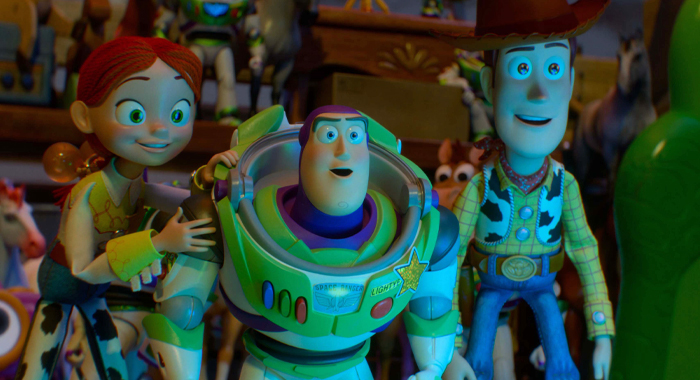 Joan Cusack, Tim Allen, and Tom Hanks as the voices of Jessie, Buzz, and Woody in Toy Story 5 (2026)
