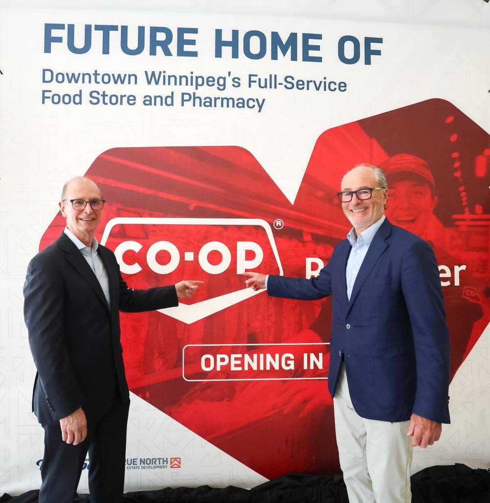 TNRED
Red River Co-op CEO Craig Gilpin, left, and Jim Ludlow, president of True North’s real estate development arm at the press conference, Wednesday.