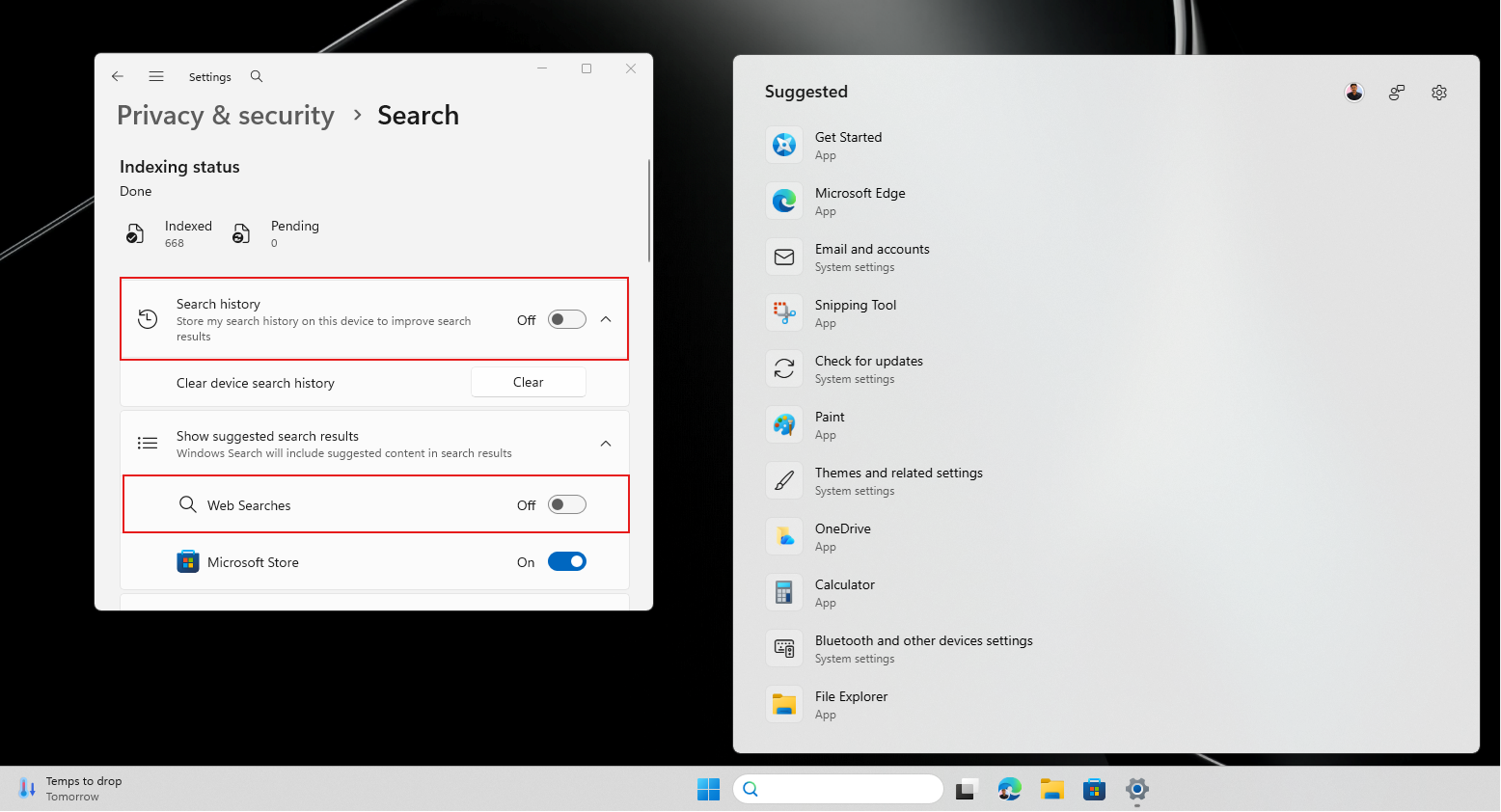 Turning off Search history shows Suggested apps and settings in Windows Search
