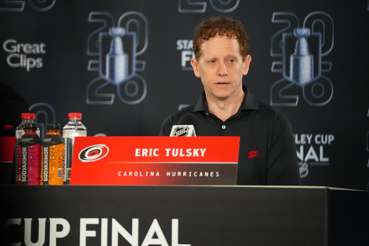 Jun 1, 2026; Raleigh, North Carolina, USA; Carolina Hurricanes general manger Eric Tlulsky during media day for the 2026 Stanley Cup Final at Lenovo Center.