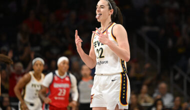 Jun 8, 2026; Washington, District of Columbia, USA; Indiana Fever guard Caitlin Clark (22) reacts after making a three-point basket against the Washington Mystics during the first quarter at CareFirst Arena. Mandatory Credit: Rafael Suanes-Imagn Images
