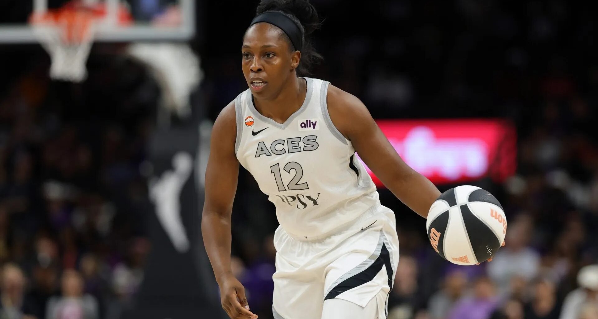 Jun 17, 2026; Phoenix, Arizona, USA; Las Vegas Aces guard Chelsea Gray (12) against the Phoenix Mercury at Mortgage Matchup Center. Mandatory Credit: Mark J. Rebilas-Imagn Images
