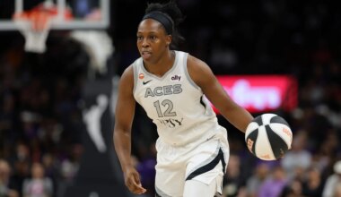 Jun 17, 2026; Phoenix, Arizona, USA; Las Vegas Aces guard Chelsea Gray (12) against the Phoenix Mercury at Mortgage Matchup Center. Mandatory Credit: Mark J. Rebilas-Imagn Images