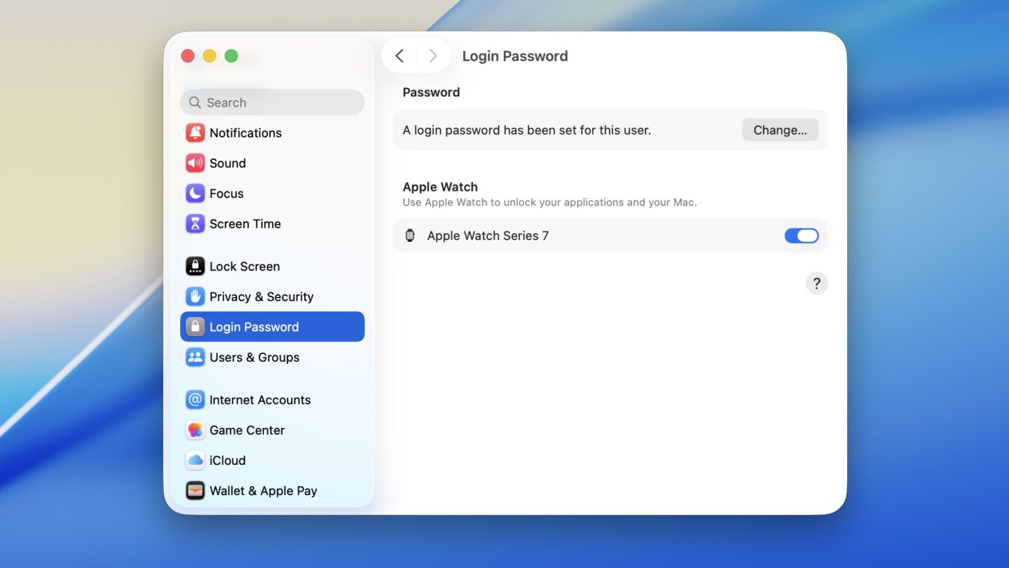 Setting to unlock a Mac with an Apple Watch