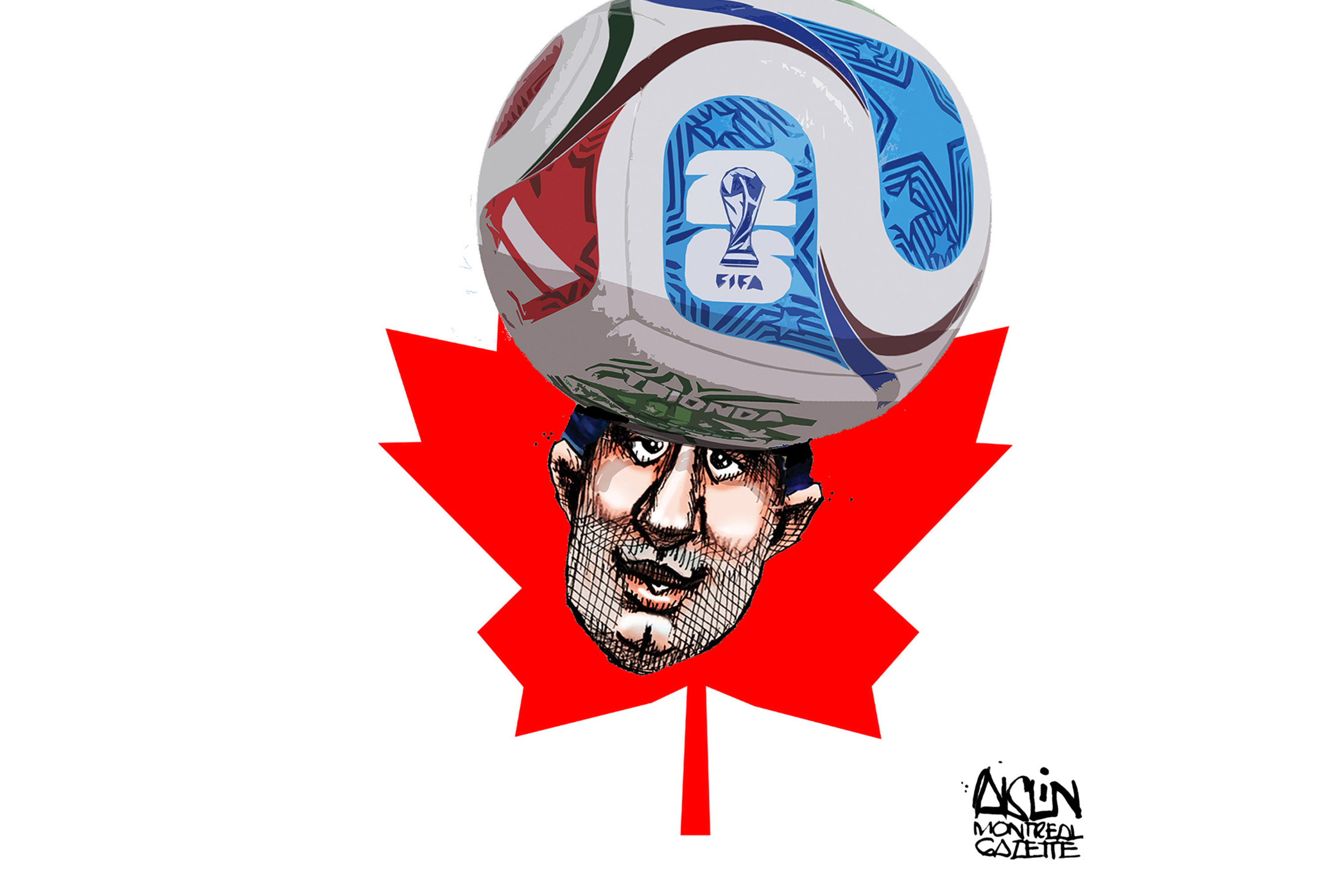 An editorial cartoon depicts a soccer ball with the FIFA logo heading toward a Canadian maple leaf with a man's head on it