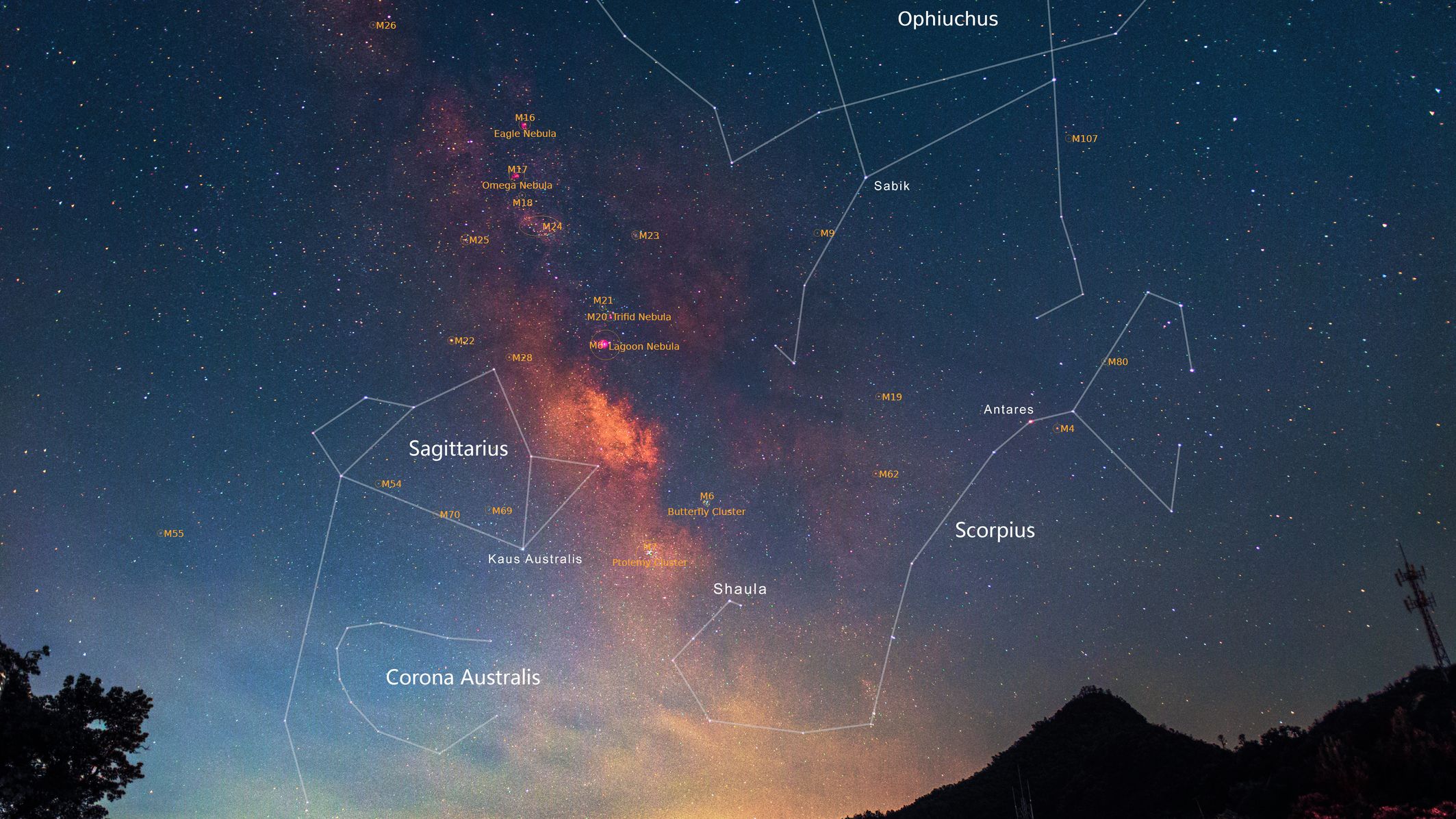 night sky graphic showing the milky way stretching through the center and constellations like Scorpius and Sagittarius labelled.