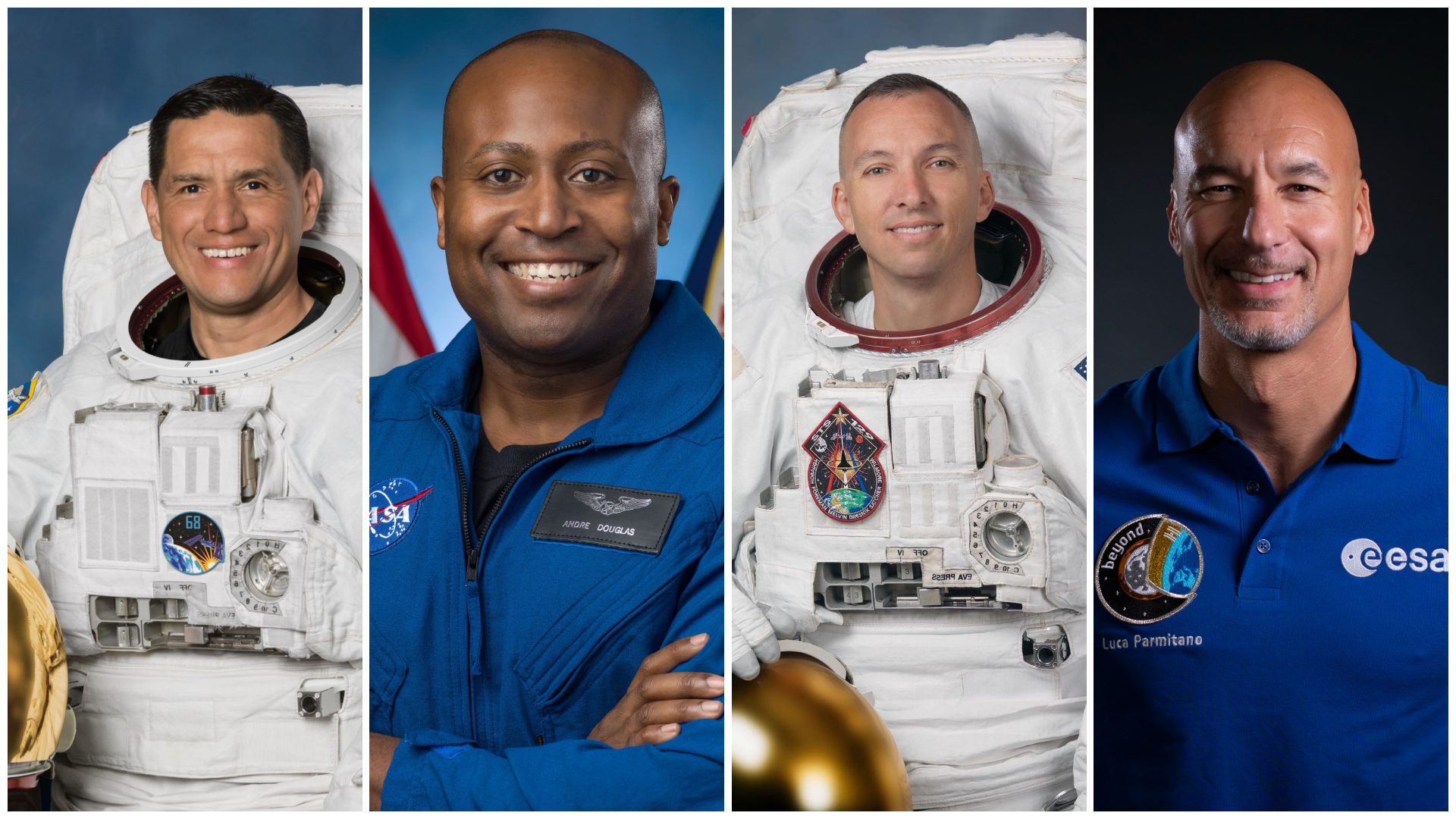 four people pose for a portrait in flight suits