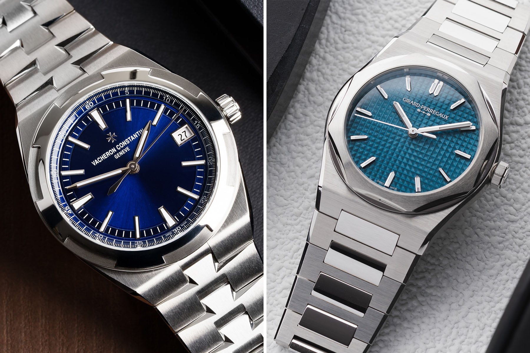 Vacheron Constantin Overseas Self-Winding vs. Girard-Perregaux Laureato Fifty header collage