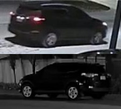 A composite image of a 2015 Toyota RAV4 with tinted windows, a chrome roof rack, and a dent above the rear driver's side wheel, that's believed to be involved in break-ins in Calgary's Evergreen area on Wednesday, June 17, 2026