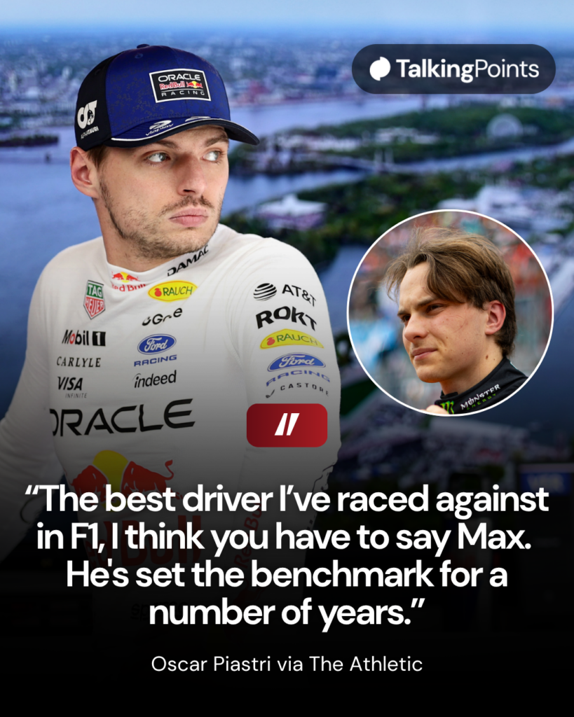 Red Bull driver Max Verstappen looks on from the garage before the Sprint at the 2026 F1 Canadian Grand Prix, with an inset of McLaren's Oscar Piastri