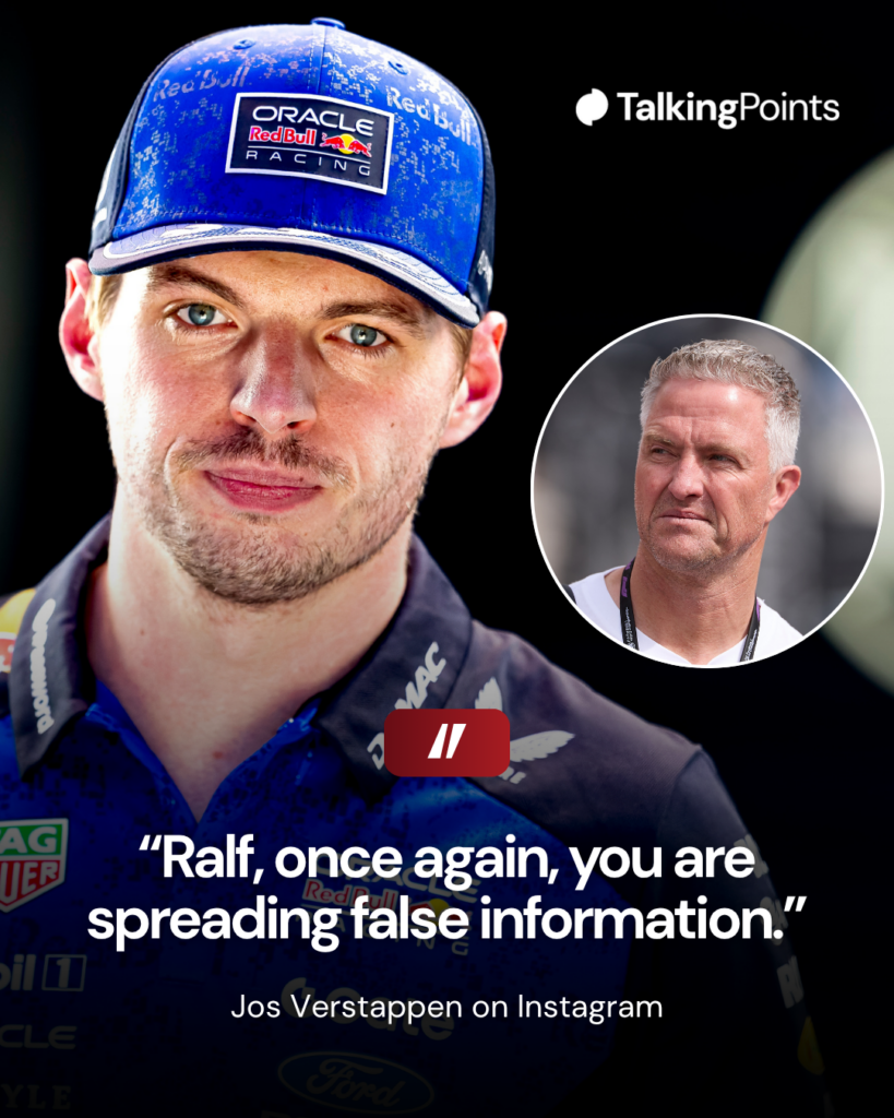 Red Bull driver Max Verstappen leaves the FIA garage before the 2026 F1 Barcelona-Catalunya Grand Prix, with an inset of Ralf Schumacher in Monaco