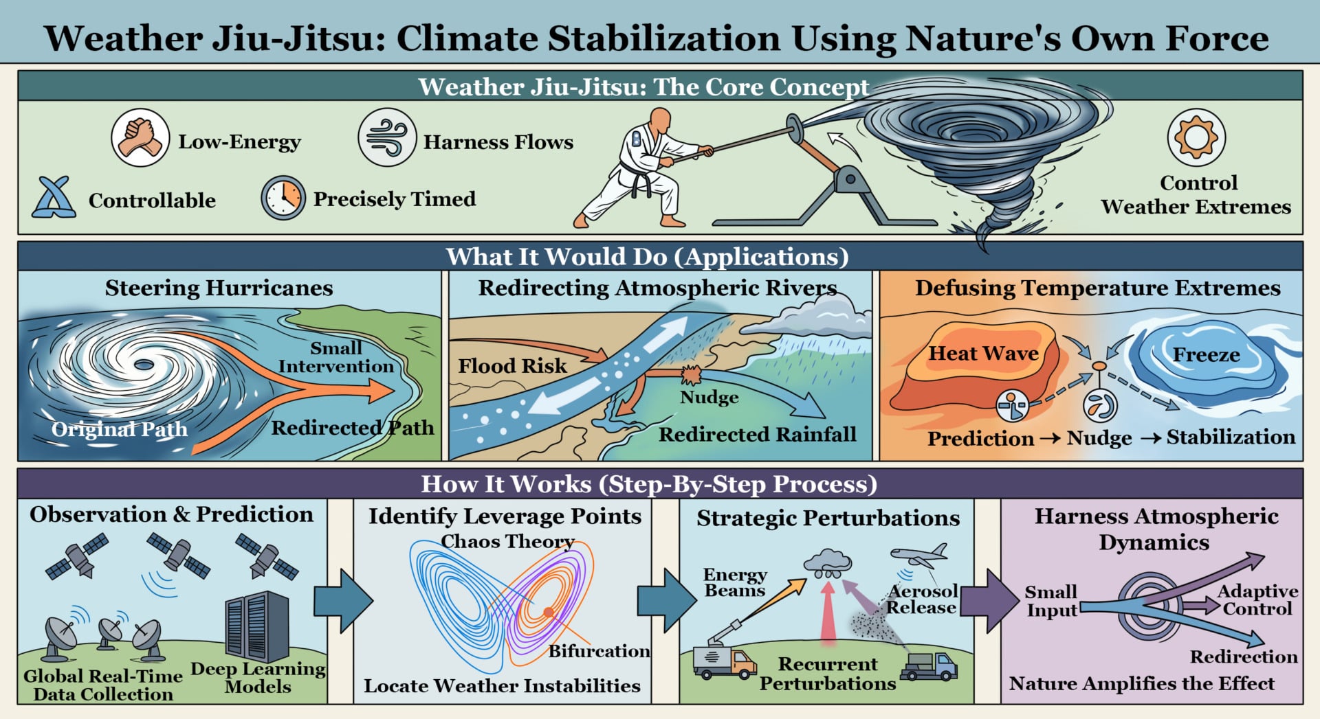 A conceptual graphic of of the weather jiu-jitsu weather modification technique 