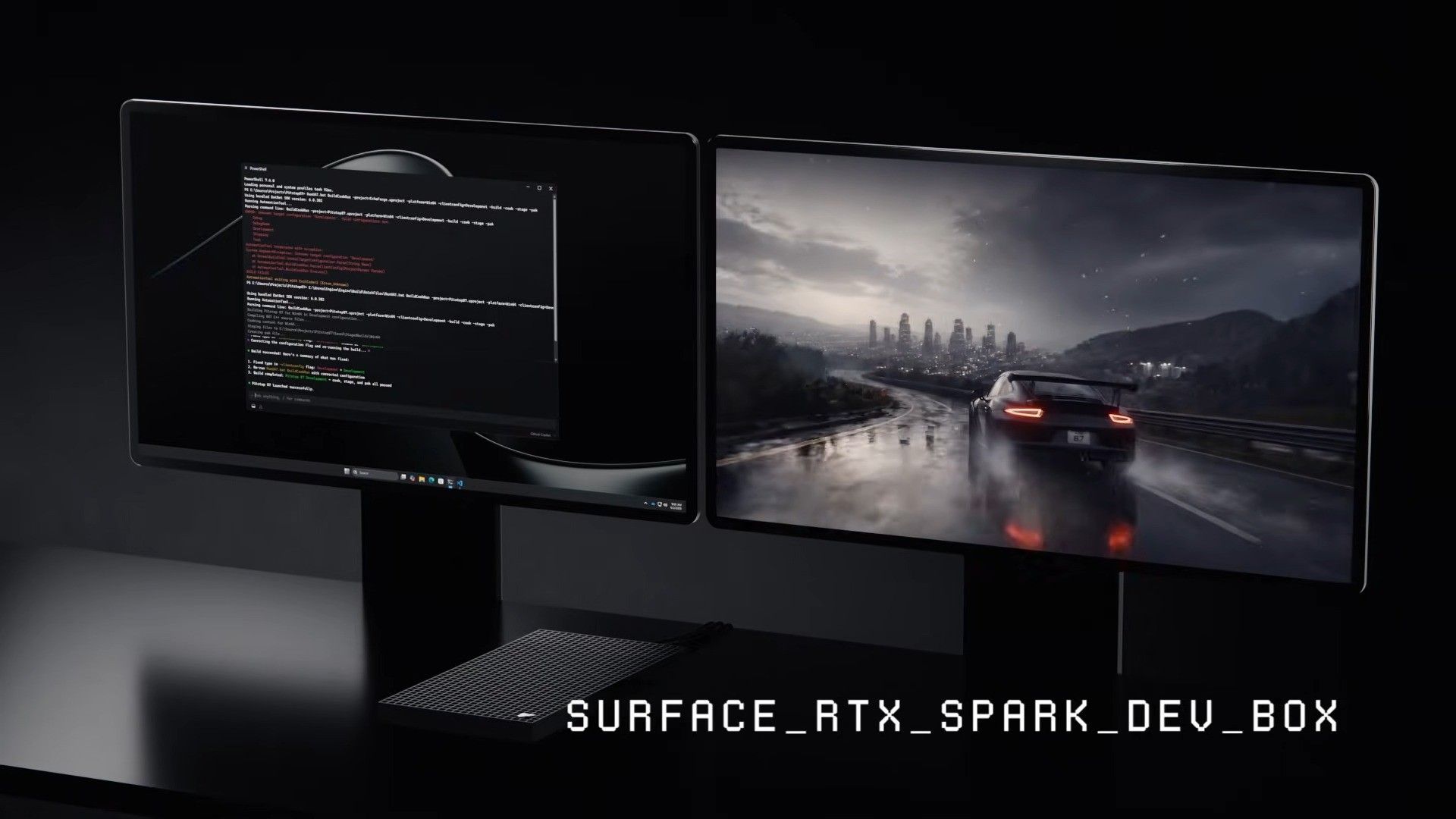 Renders of the Microsoft Surface RTX Spark Dev Box showing the design, the Microsoft logo, and dual monitors performing different tasks.