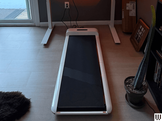 Front view of the Walking Pad C2 Mini Foldable Treadmill in white while partially under a raised work desk