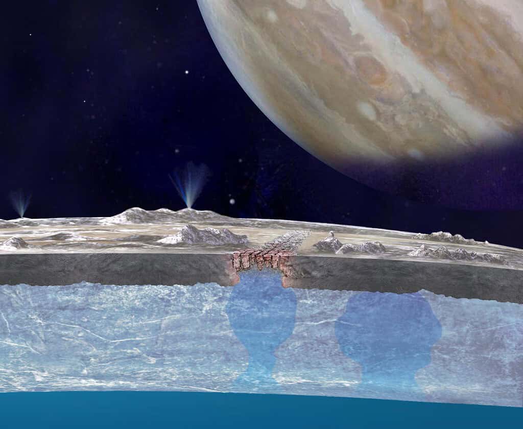 Illustration of cross section of Europa's surface layers, showing Jupiter in the background.