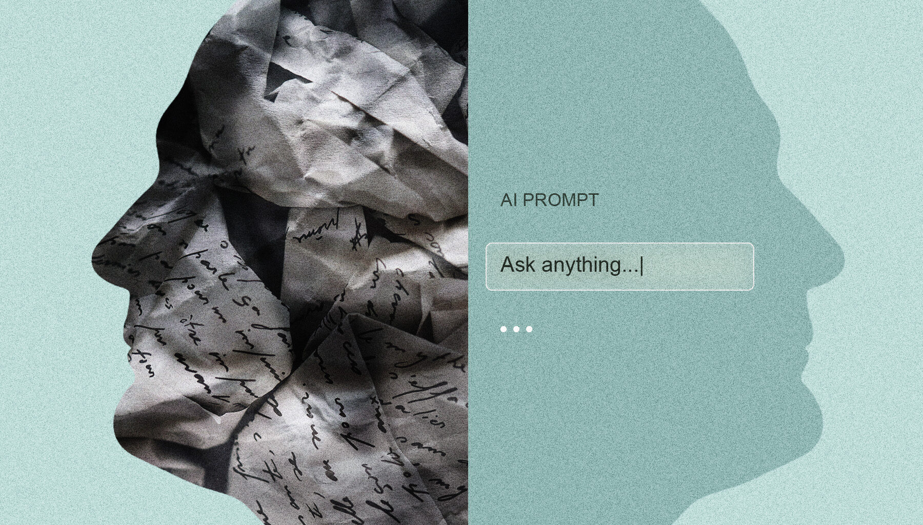 Photo illustration shows the face of a person covered in text written on paper on the left side and a mirror image of the face on the right with the text: "AI Prompt: Ask anything"
