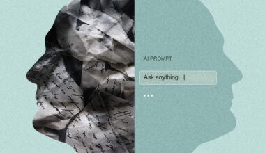Photo illustration shows the face of a person covered in text written on paper on the left side and a mirror image of the face on the right with the text: "AI Prompt: Ask anything"