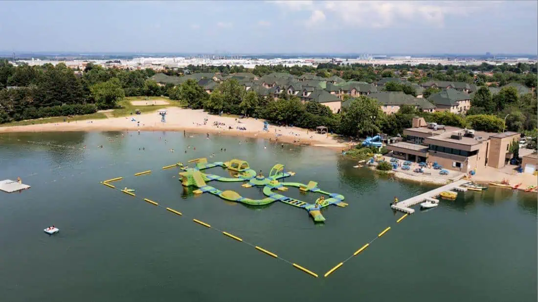 Inflatable waterpark and boathouse open soon at Brampton lake, weather permitting