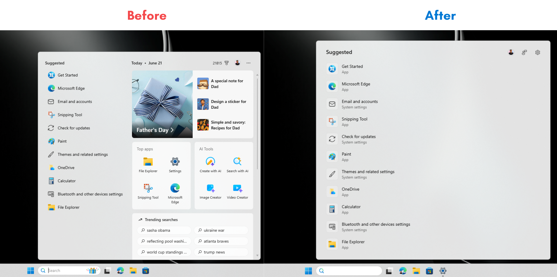 Windows Search before and after getting new update