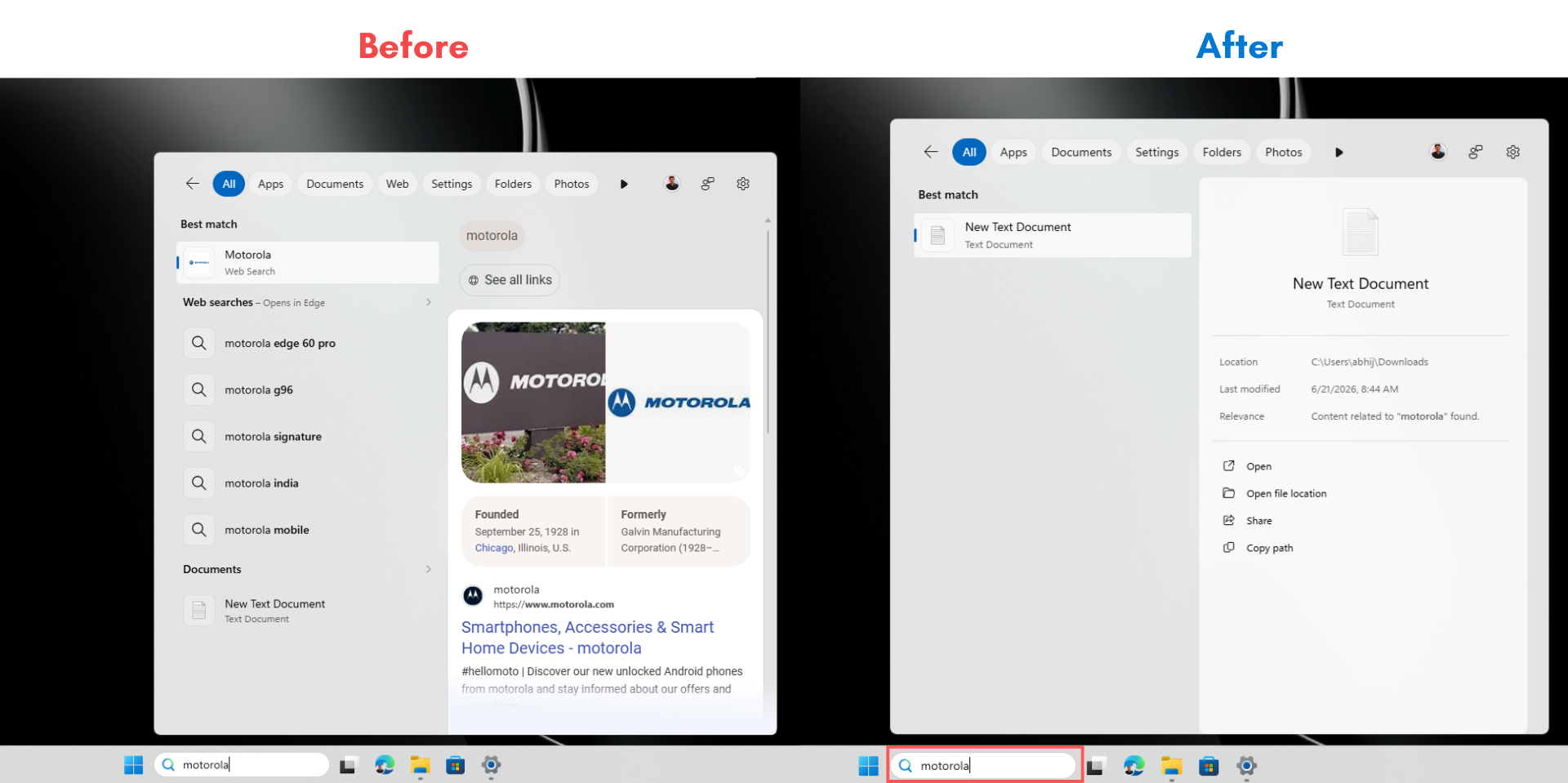 Windows Search shows a local file with content indexing