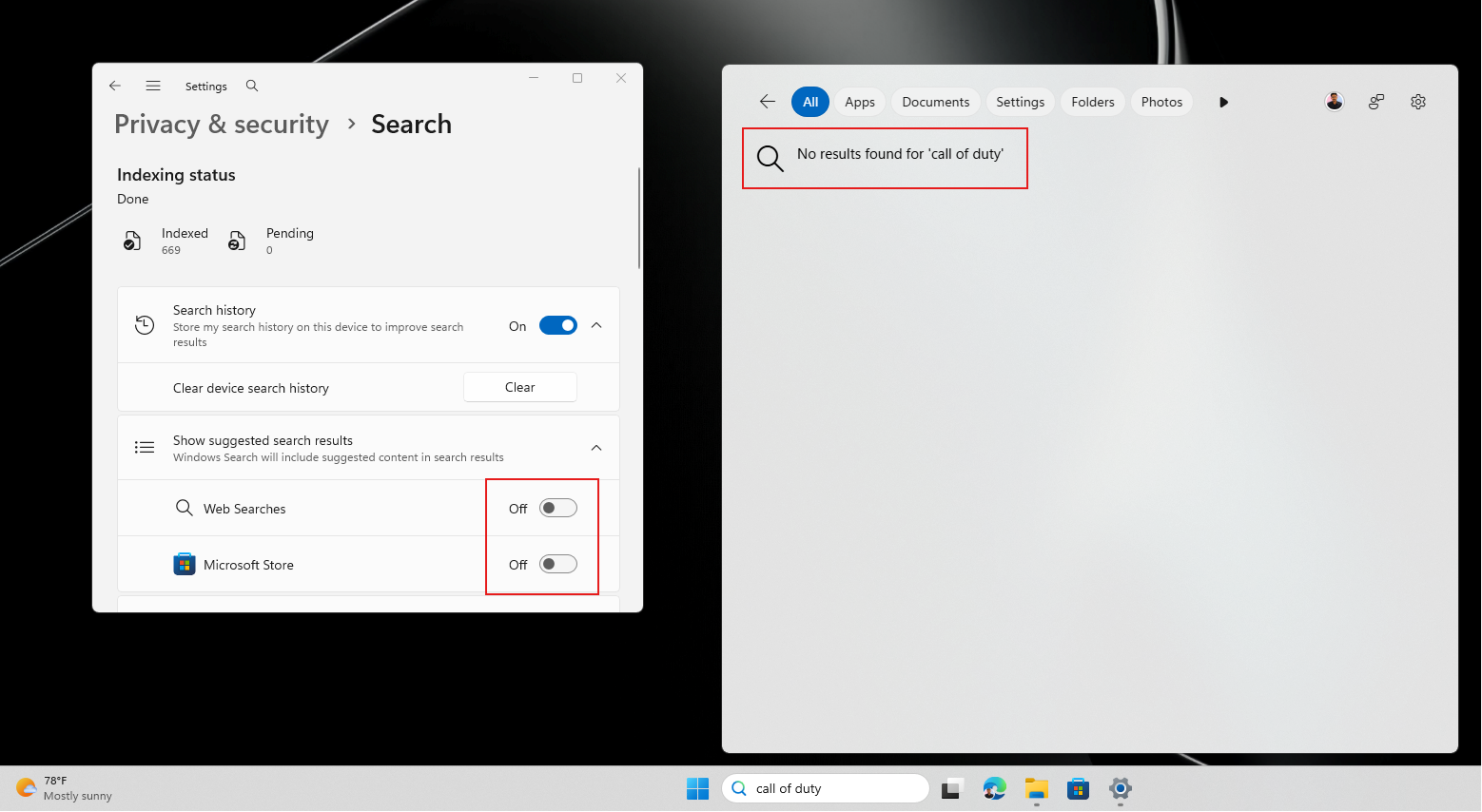 Windows Search shows no results for a query after disabling Web Searches and Microsoft Store