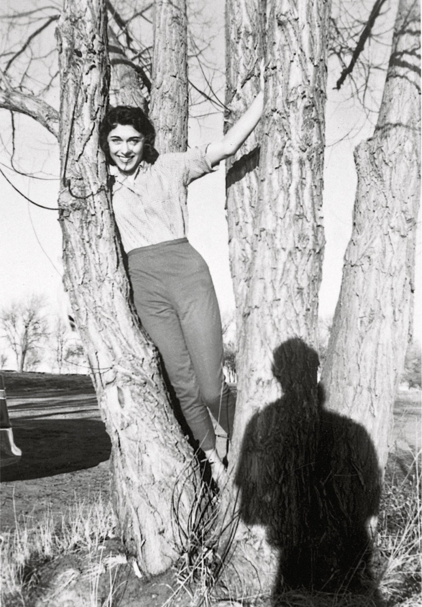 A smiling young woman stands between the trunks of a tree, holding onto the branches. The shadow of a person taking the photo is visible on the tree and ground. The background shows leafless trees and a clear sky.
