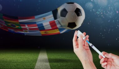 World Cup vaccine alert shows a syringe near a soccer ball and national flags