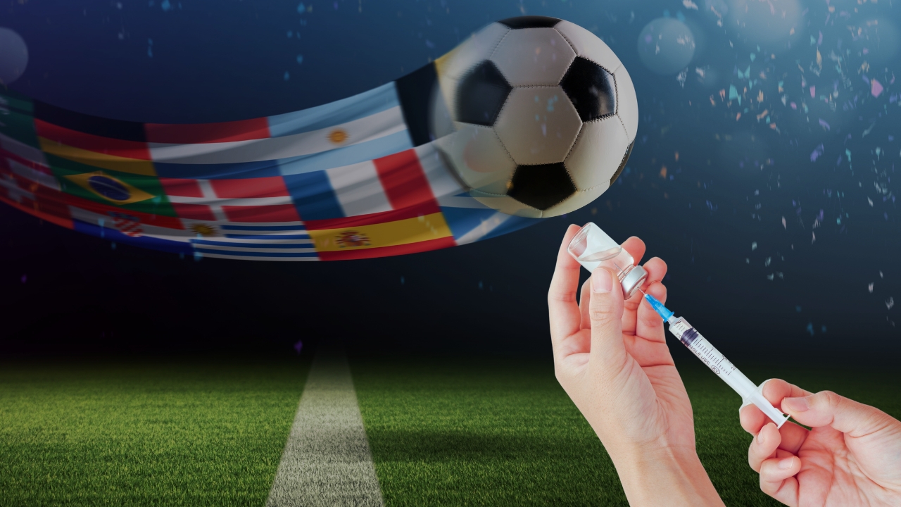 World Cup vaccine alert shows a syringe near a soccer ball and national flags