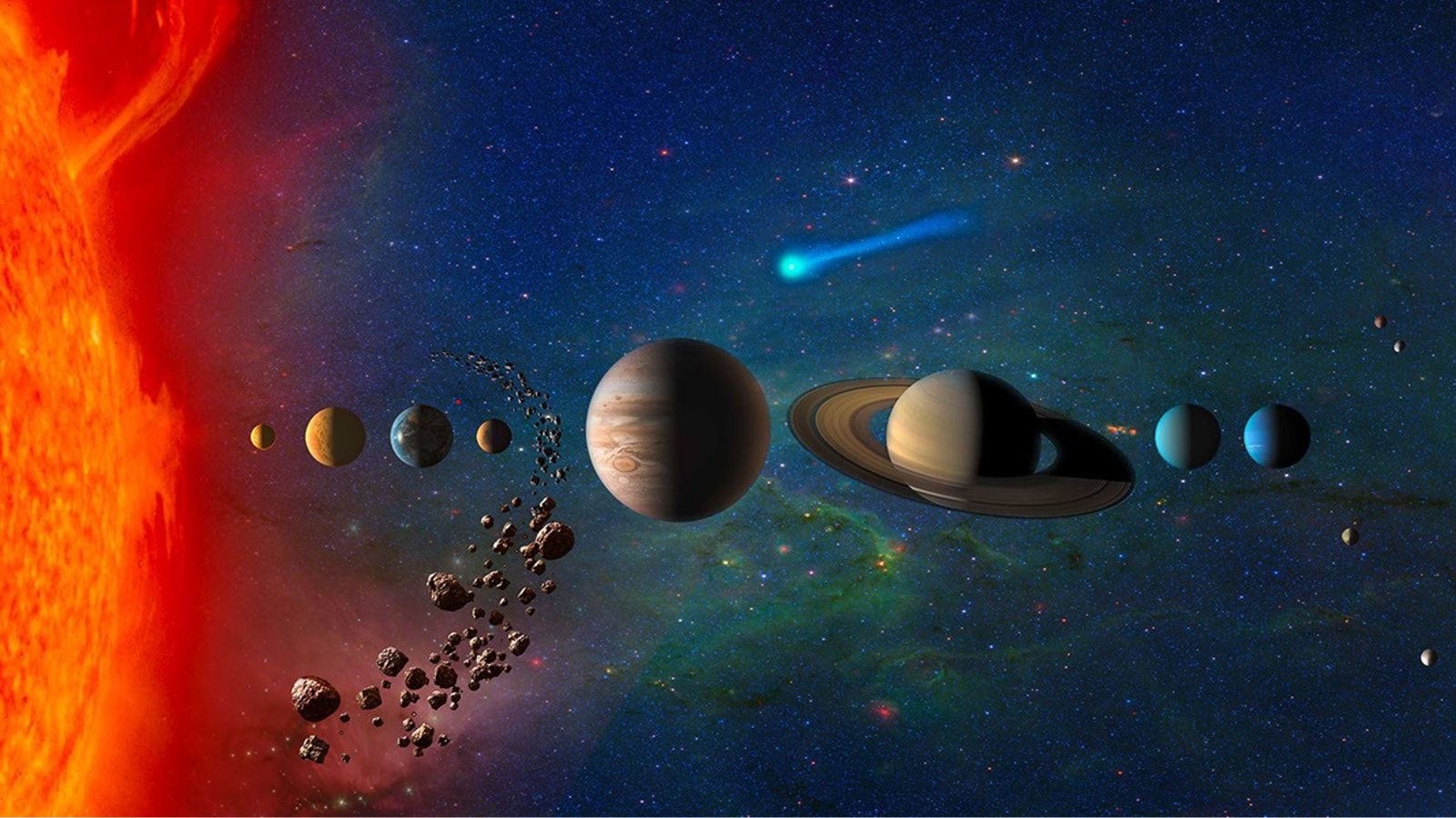 An illustration of our solar system. The asteroid belt is located between Mars and Jupiter, separating our system into what we refer to as the inner and outer regions.