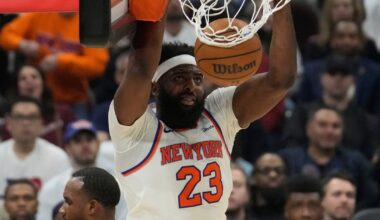 Mitchell Robinson with New York Knicks for practice Tuesday, one day before Game 1 of NBA Finals