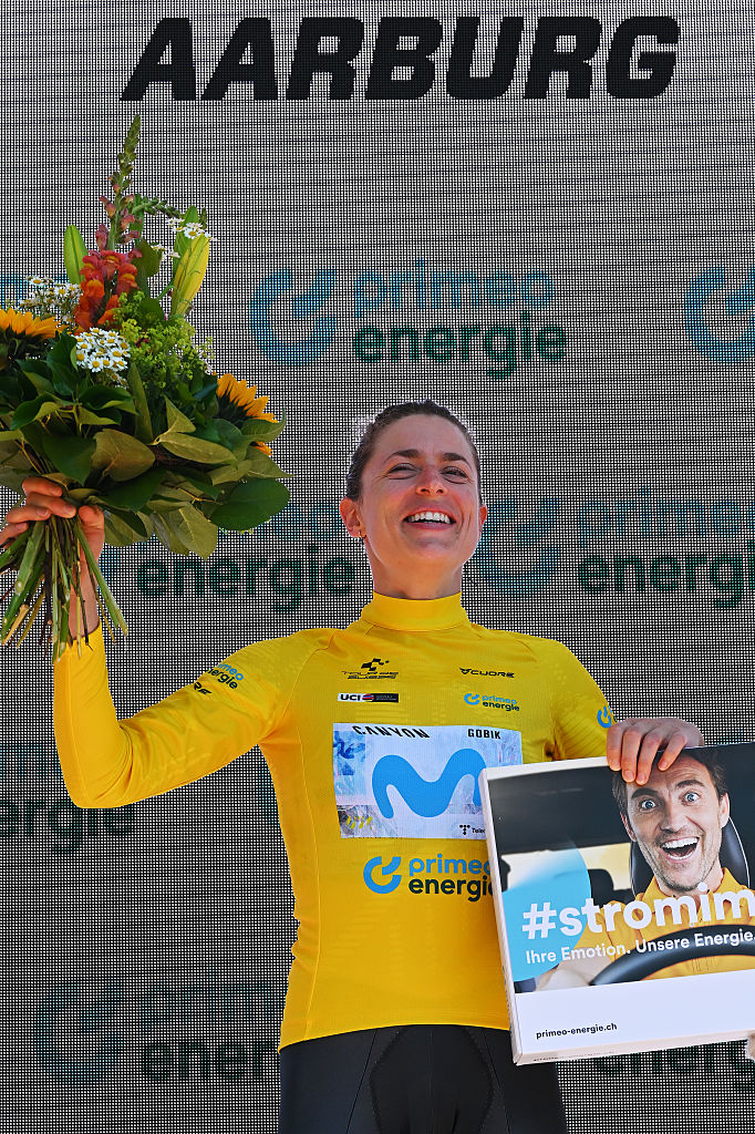 AARBURG, SWITZERLAND - JUNE 20: Marlen Reusser of Switzerland and Team Movistar celebrates at finish line as Yellow Leader Jersey winner during the 89th Tour de Suisse 2026, Stage 4 a 23.7km individual time trial stage from Aarburg to Aarburg / #UCIWT / on June 20, 2026 in Aarburg, Switzerland. (Photo by Tim de Waele/Getty Images)