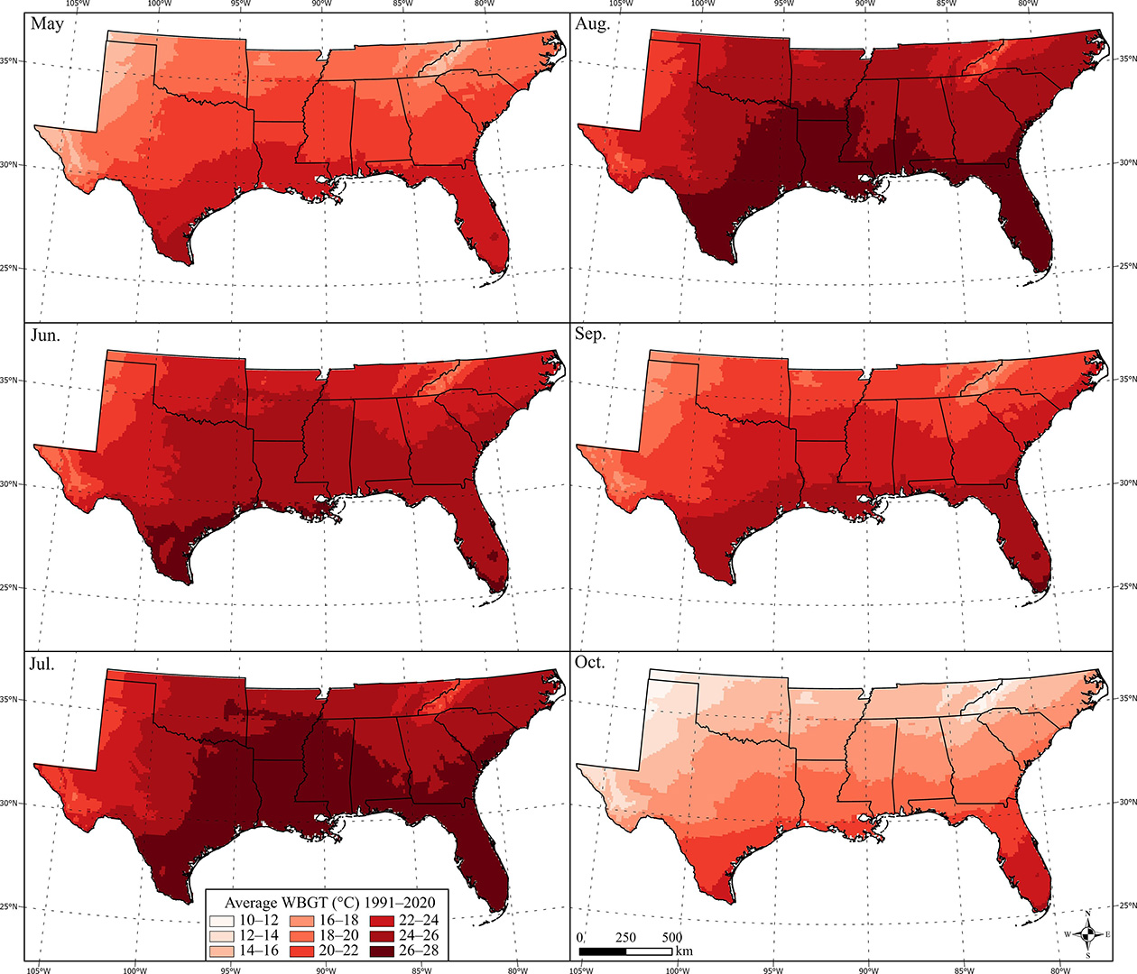 A series of six heat maps of the southern U.S., showing dangerous wet-bulb global temperatures peaking in July and August