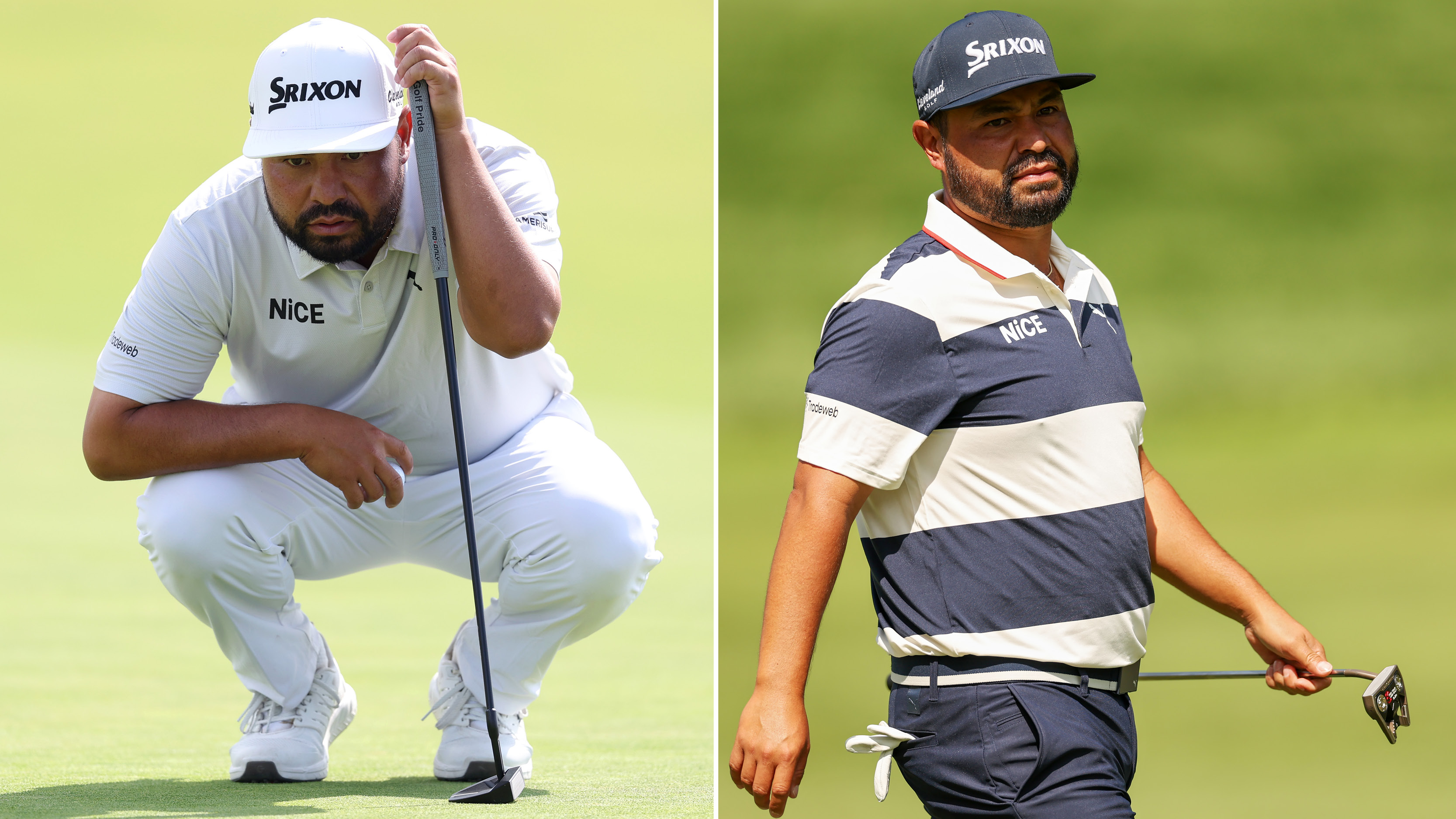 JJ Spaun lines up a putt and walks off the green