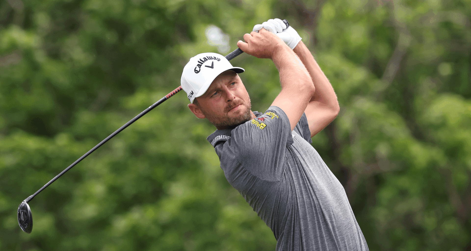 Adam Svensson hits a utility wood during the 2026 Charles Schwab Challenge