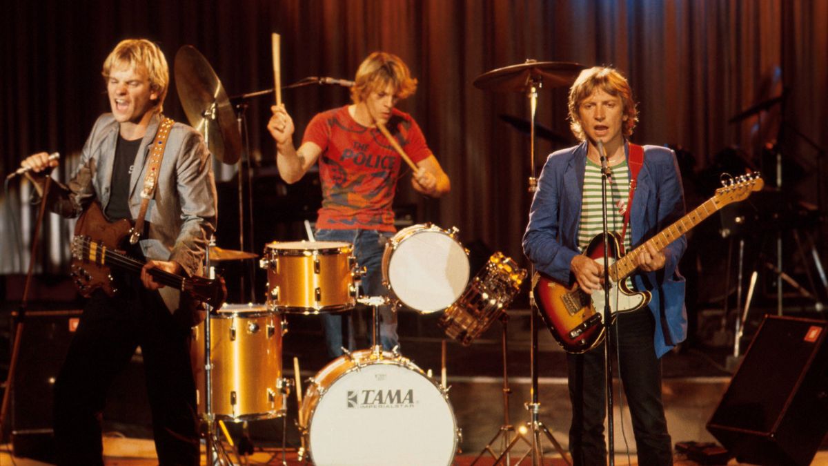 The Police perform on stage, New York, 1980, L-R Sting, Stewart Copeland, Andy Summers.