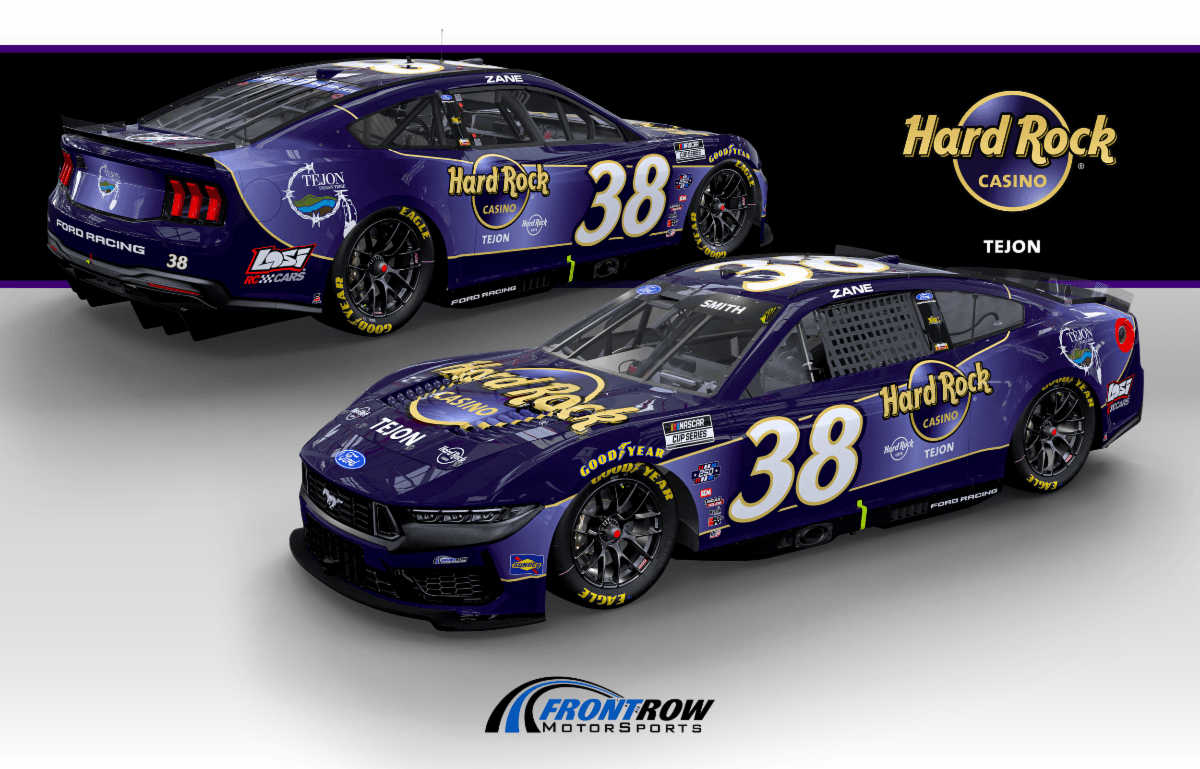 Two purple Hard Rock Casino NASCAR race cars (number 38) shown from front and rear on a gray surface with sponsor logos and Front Row Motorsports branding.