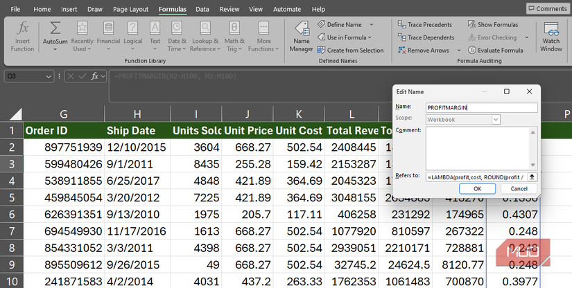 A custom function PROFITMARGIN defined in a Name Manager dialog box open on an Excel spreadsheet.