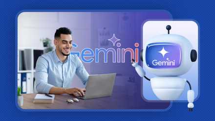 A man working on his laptop, with an AI robot beside him holding the Gemini logo.