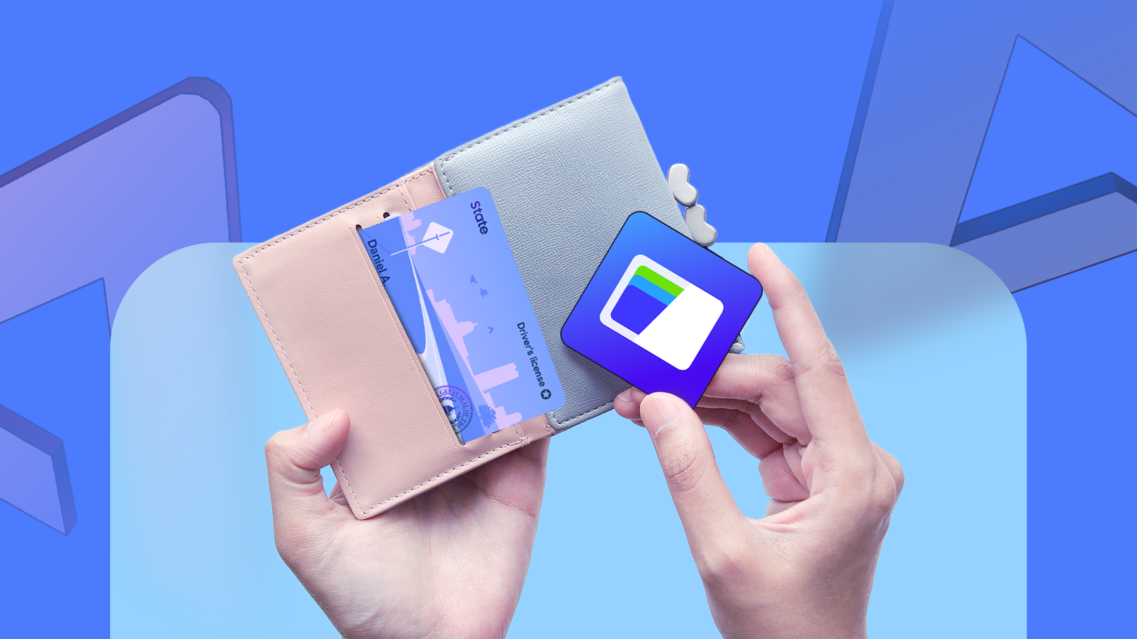 A person holds an open wallet with a physical ID card inside while the other hand holds a Samsung Wallet app icon